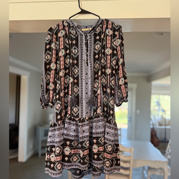 Anthro Holding Horses XS Boho Printed Peasant Dress Metallic Thread Tassel Tie - Picture 2 of 7